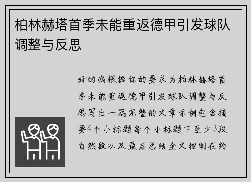 柏林赫塔首季未能重返德甲引发球队调整与反思 柏林赫塔首季未能重返德甲引发球队调整与反思